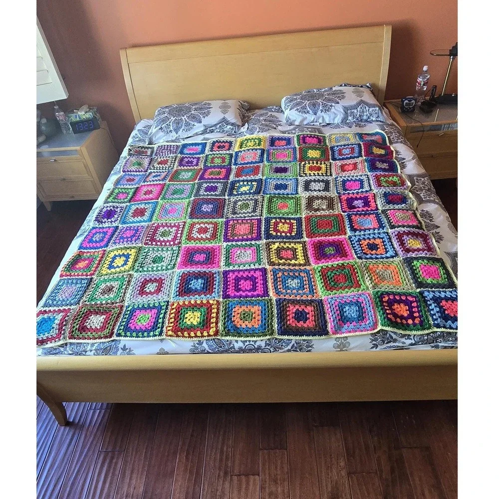 Handmade granny square afghan crochet multi color blanket‎ cottagecore Farmhouse